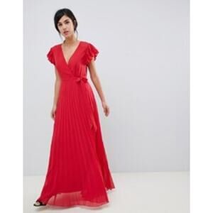 NWT ASOS DESIGN Flutter Sleeve Pleated Textured Chiffon Maxi Dress Red Womens 0